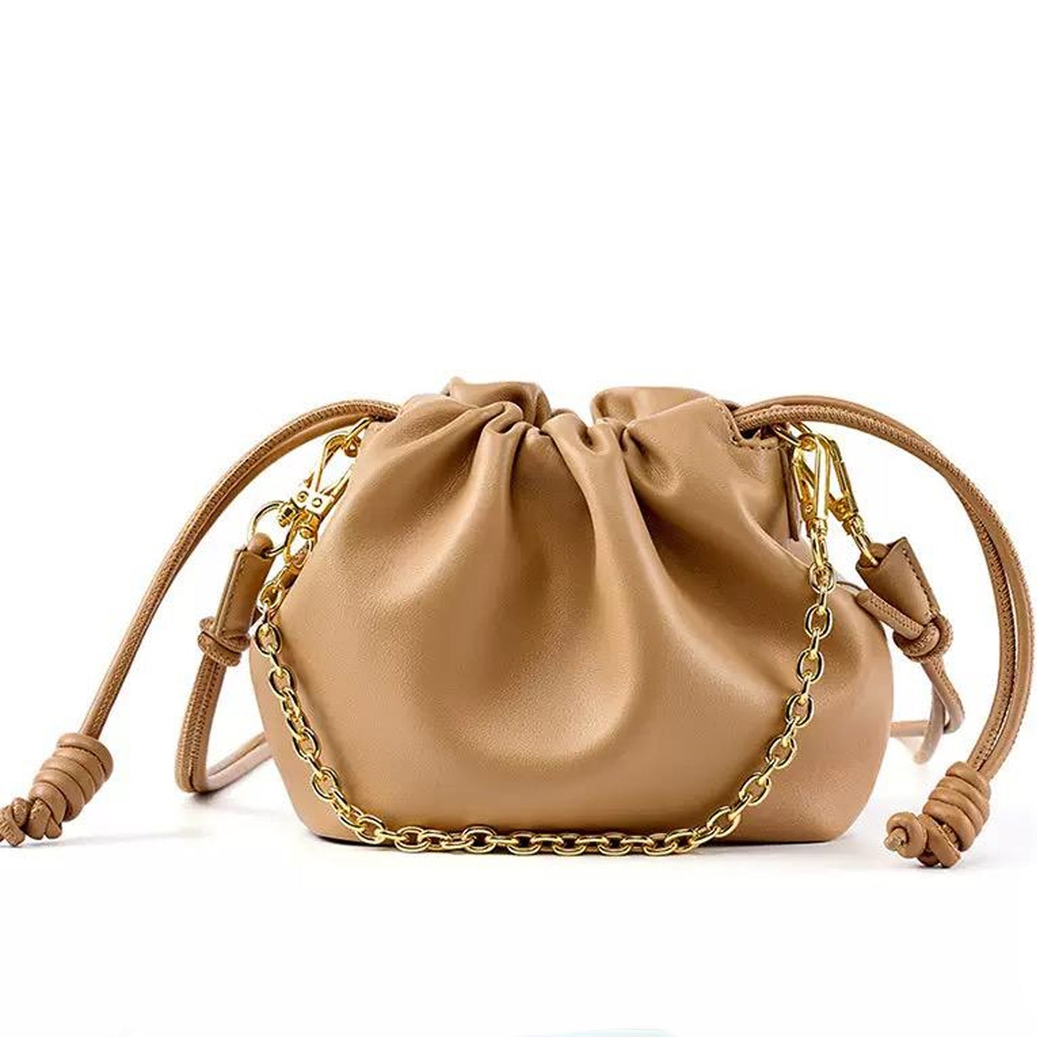 Sahara Mini Leather Clutch with Knotted Drawstring and Gold Chain