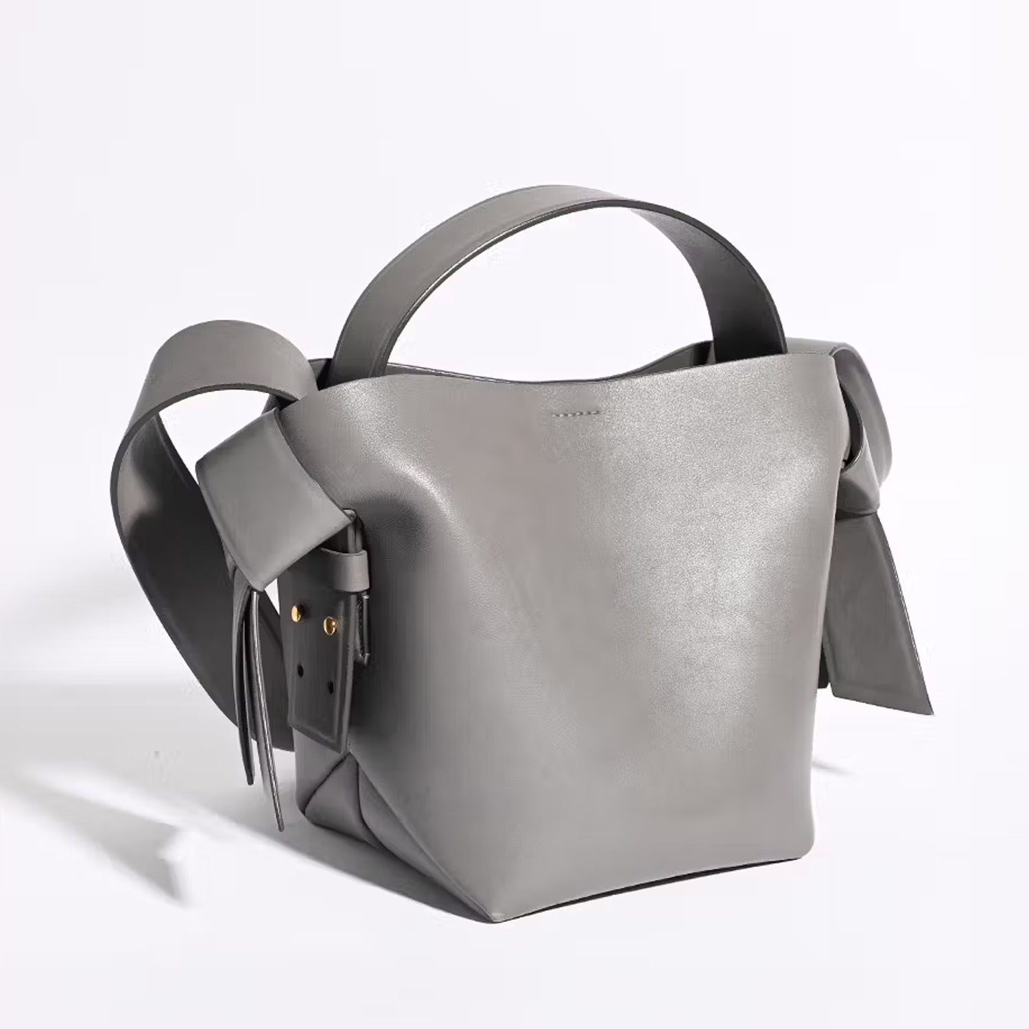 Gray Mini Leather Knot Shoulder Bag with Sculpted Sides and Gold Hardware