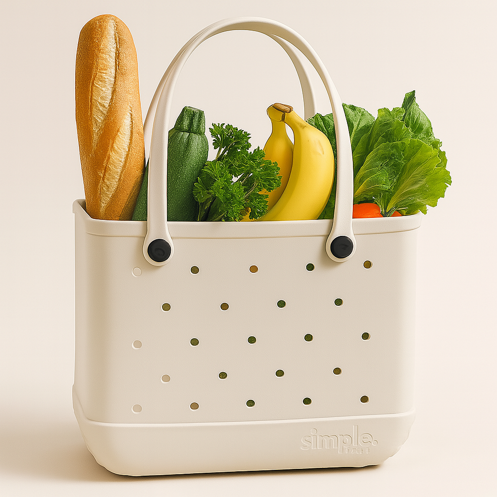 Natural Stone XL EVA Tote Bag. Lightweight, waterproof oversized carryall made from soft EVA. Ideal for beach, grocery, gym, and daily use.