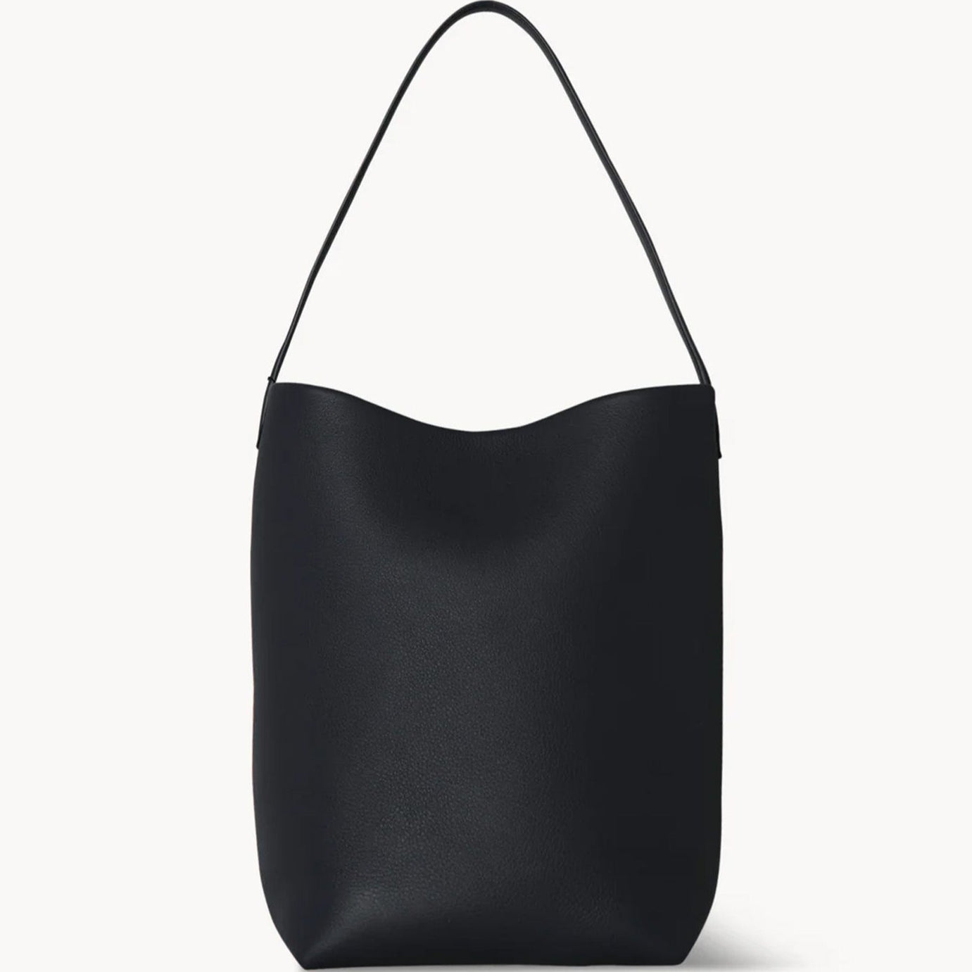 Black slouchy leather tote bag with minimalist silhouette