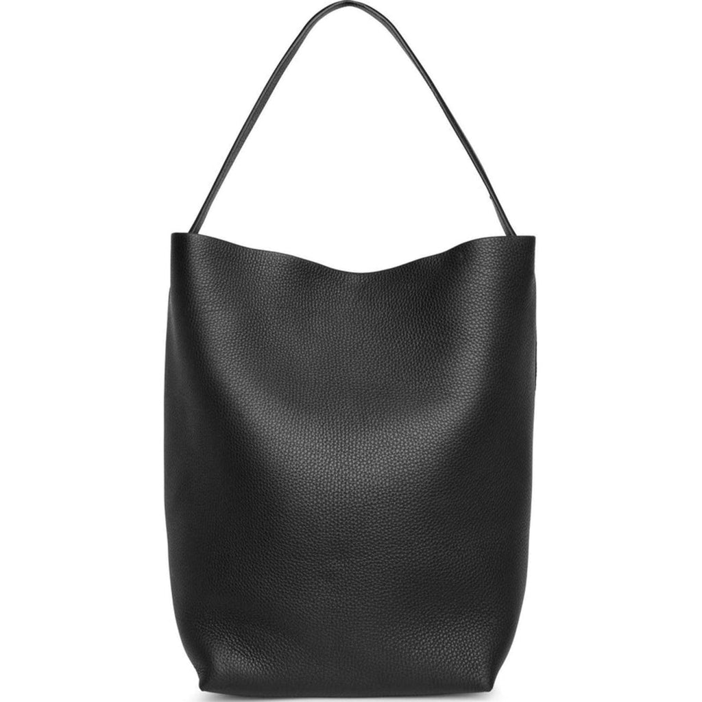 Black slouchy leather tote bag with minimalist silhouette