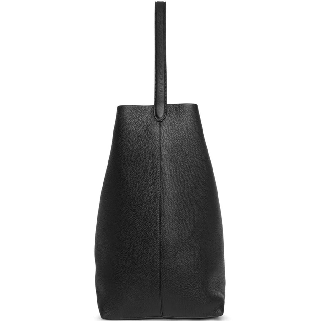 Black slouchy leather tote bag with minimalist silhouette