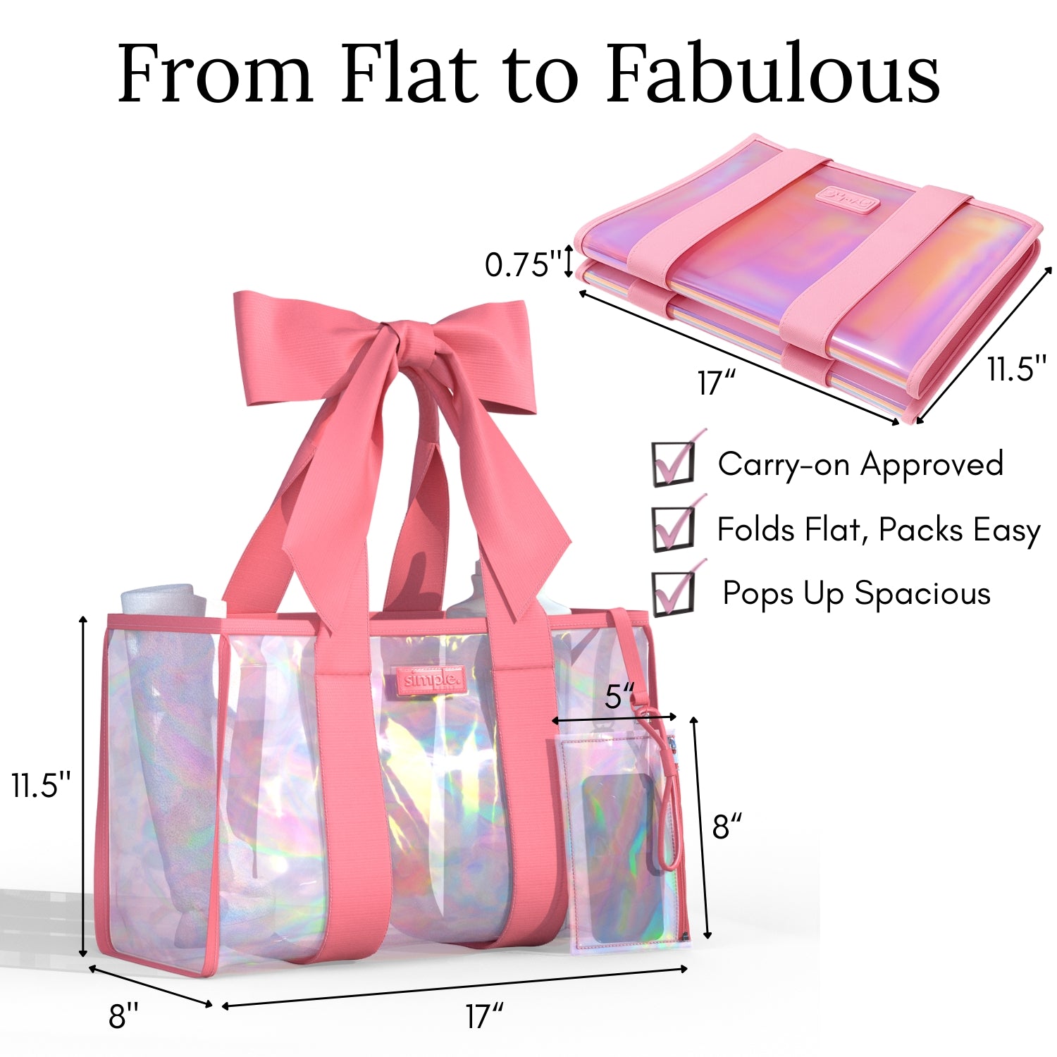 Bowme Beach Prism Tote with Phone Pouch- Lightweight, Waterproof, Tip-Proof, Foldable and Washable Tote Bag for Beach, Pool, Travel and Vacation (Purple or Pink)