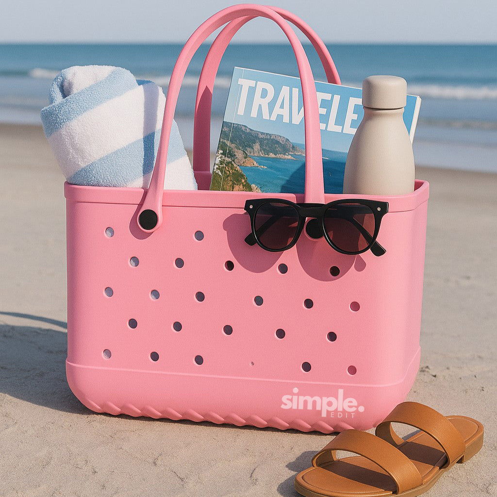 Extra large EVA tote bag in Pink Lemonade. Lightweight, waterproof, and sandproof. Ideal for the beach, grocery, travel, and daily use.