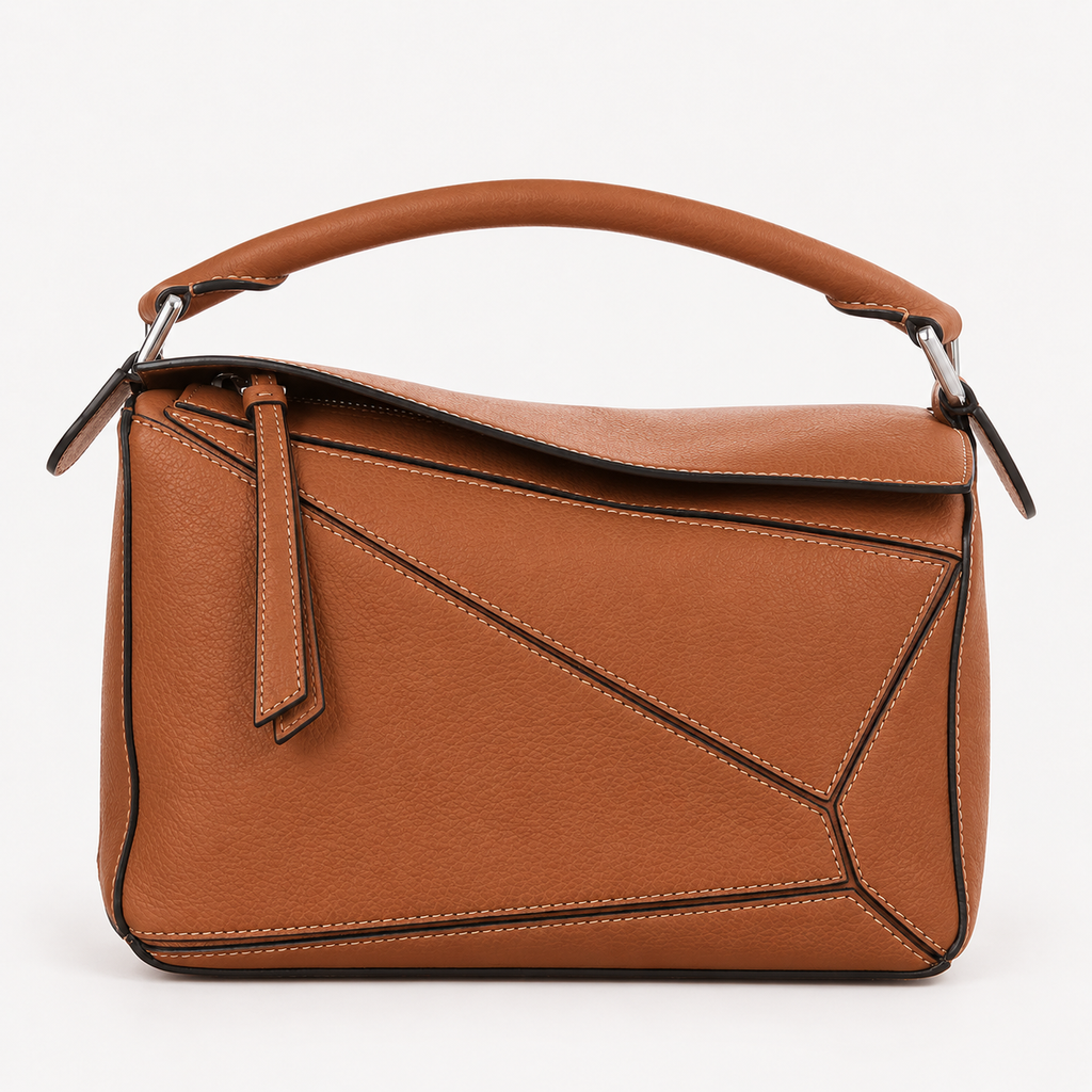 Sesame Beige bucket bag with canvas-style body, vegan leather trim, top-handle, lock strap, and utility side pockets