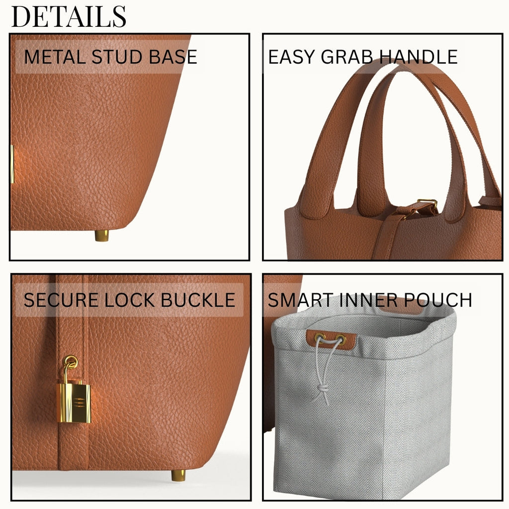 Luxury brown bucket leather bag with gold hardware details