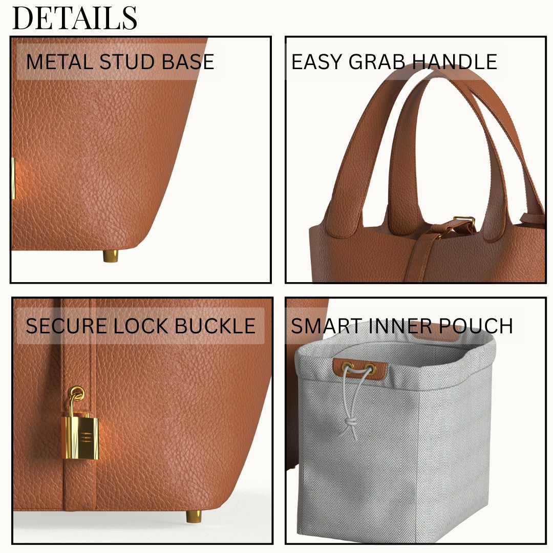 Luxury brown bucket leather bag with gold hardware details