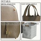 Etaupe vegan leather bucket bag, compact yet roomy, everyday satchel for phone, wallet, keys, and makeup. Luxury khaki bucket leather bag with gold hardware details