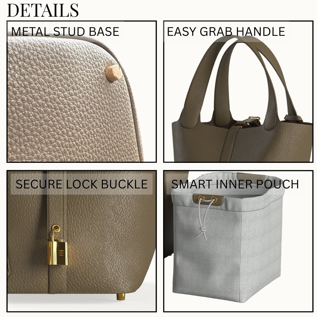 Etaupe vegan leather bucket bag, compact yet roomy, everyday satchel for phone, wallet, keys, and makeup. Luxury khaki bucket leather bag with gold hardware details