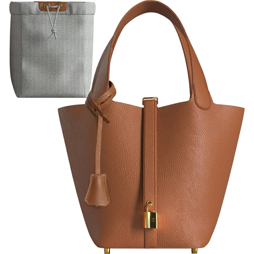 Luxury gold leather bucket bag in premium vegan leather with mini lock design and gold-tone hardware, elegant everyday handbag.