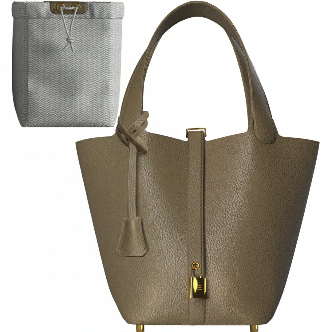 Etaupe khaki leather bucket bag, classic structured satchel with mini lock accent and removable drawstring pouch.