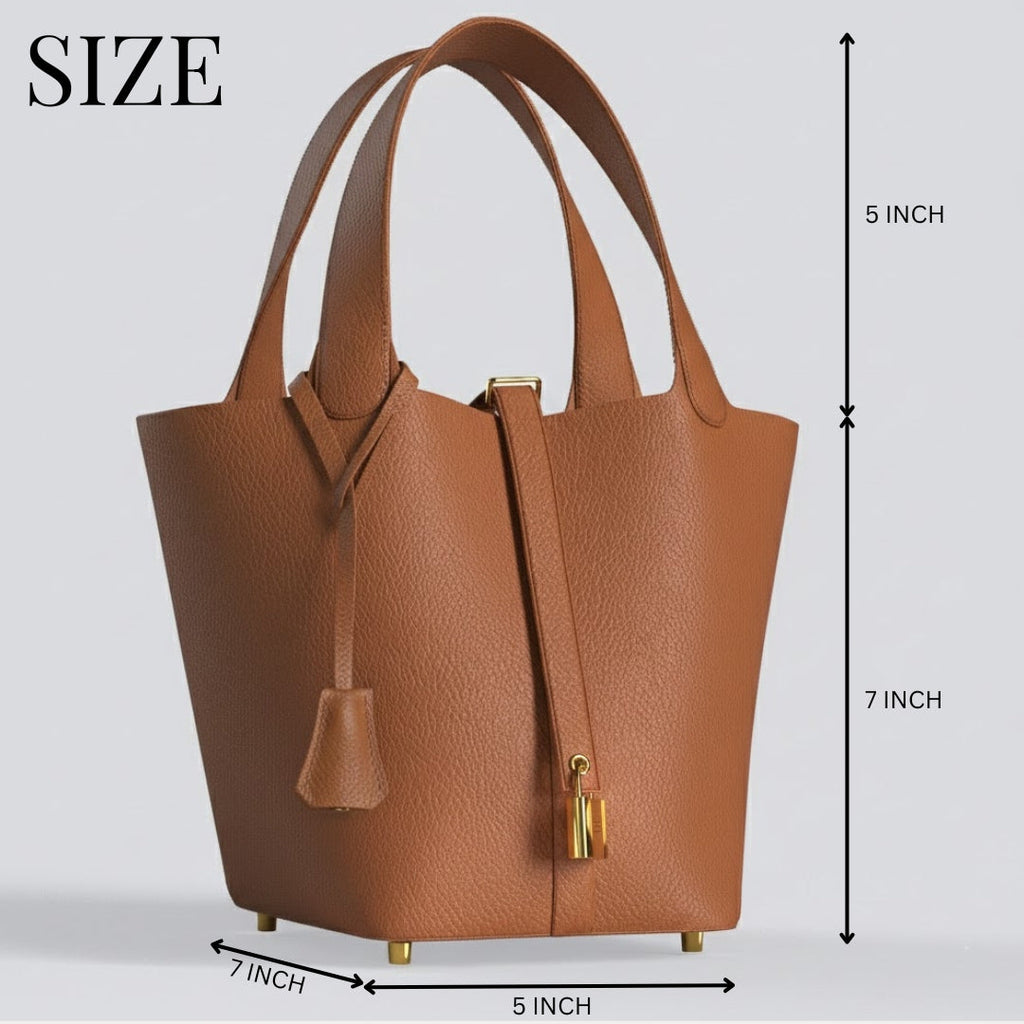 Perfect size luxury gold leather bucket bag in premium vegan leather with mini lock design and gold-tone hardware, elegant everyday handbag.