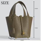 Perfect size luxury gold leather bucket bag in premium vegan leather with mini lock design and gold-tone hardware, elegant everyday handbag.