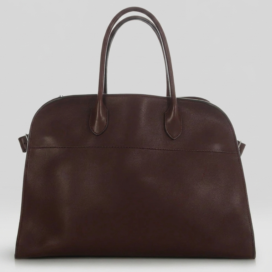 Mocha soft leather tote bag with toggle closure and side tabs