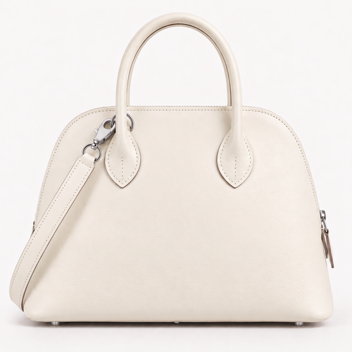 White Leather Dome Bag with Elegant Silver Zipper