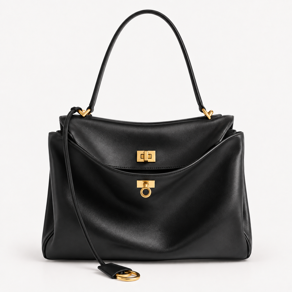 The Slouchy medium leather tote in black — close-up of brassy gold hardware