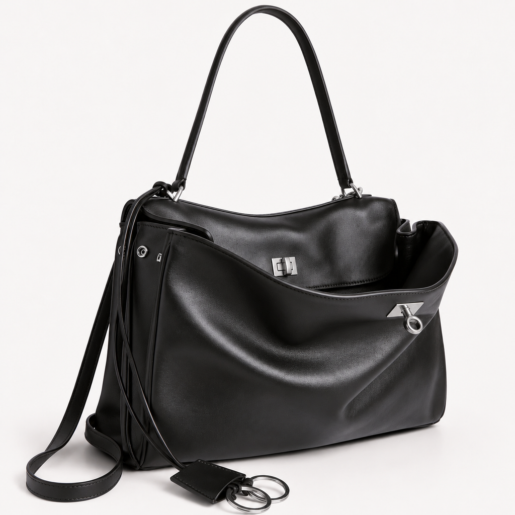 chic black slouchy medium tote bag with polished silver hardware and a relaxed rectangular shape.