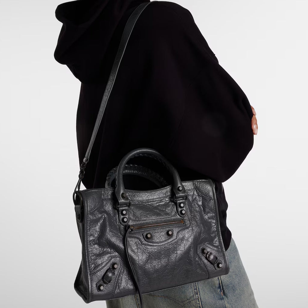 Small Dark Gray Leather Shoulder Bag with Moto-Inspired Studs