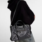 Small Dark Gray Leather Shoulder Bag with Moto-Inspired Studs