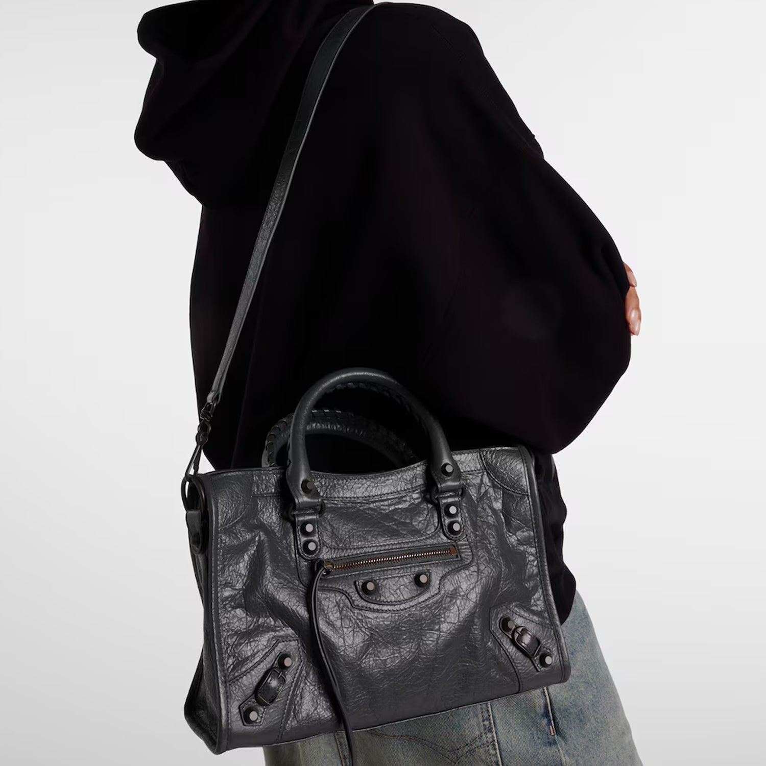 Small Dark Gray Leather Shoulder Bag with Moto-Inspired Studs