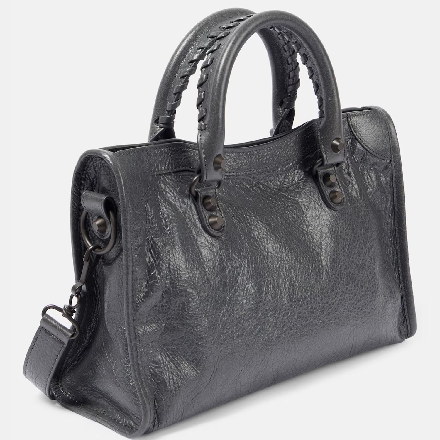 Small Dark Gray Leather Shoulder Bag with Moto-Inspired Studs