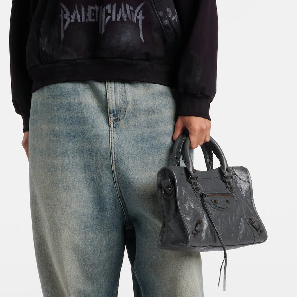 Small Dark Gray Leather Shoulder Bag with Moto-Inspired Studs