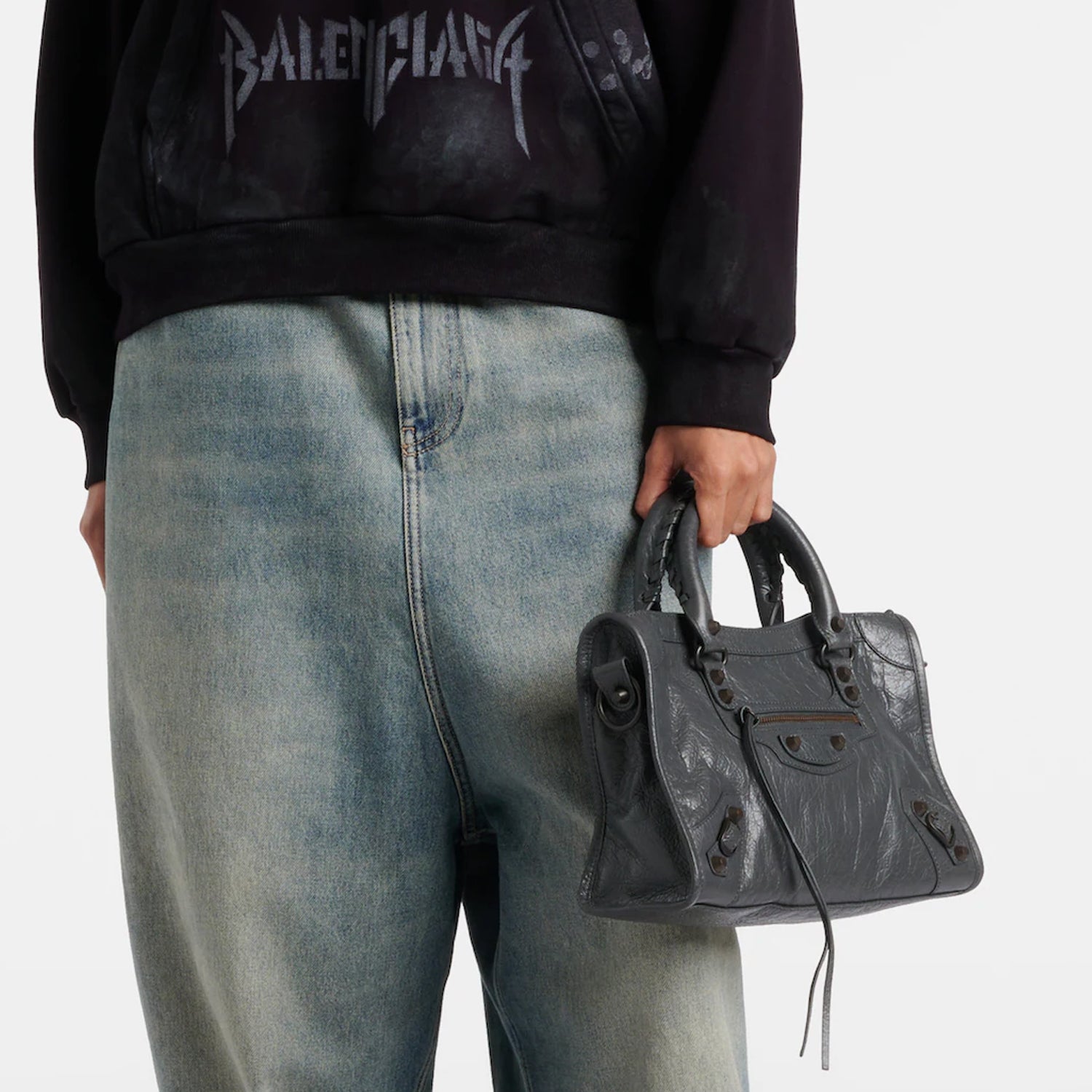 Small Dark Gray Leather Shoulder Bag with Moto-Inspired Studs