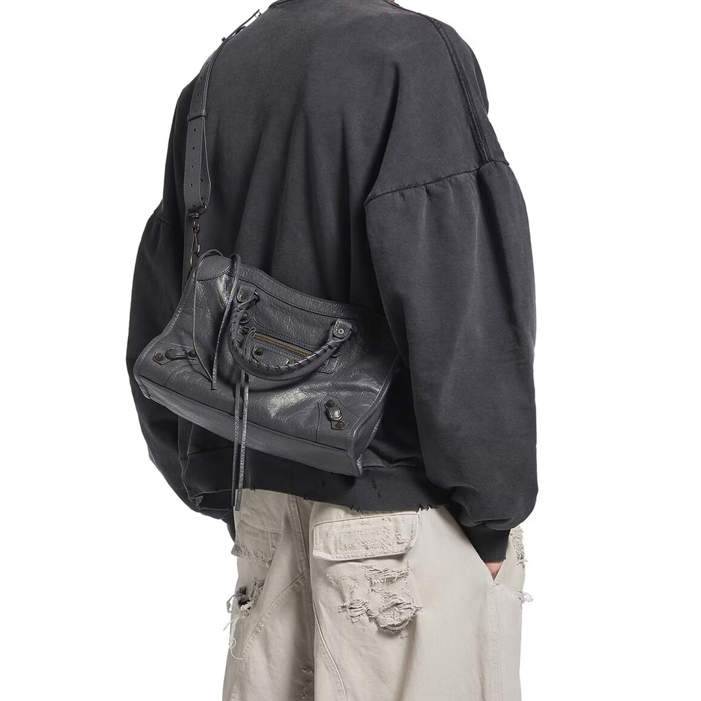 Small Dark Gray Leather Shoulder Bag with Moto-Inspired Studs