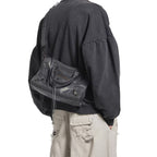 Small Dark Gray Leather Shoulder Bag with Moto-Inspired Studs