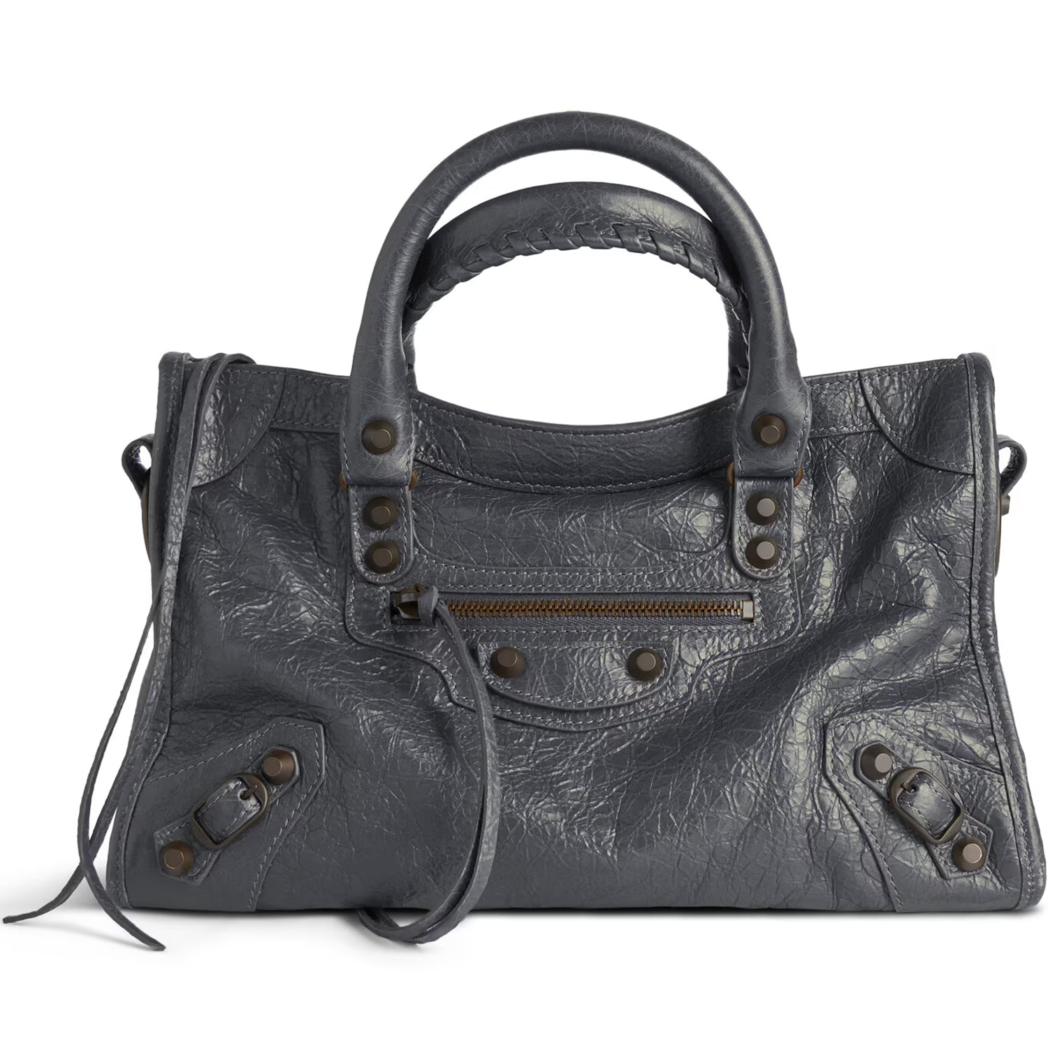 Small Dark Gray Leather Shoulder Bag with Moto-Inspired Studs