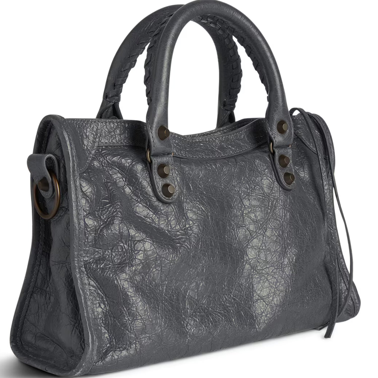 Small Dark Gray Leather Shoulder Bag with Moto-Inspired Studs