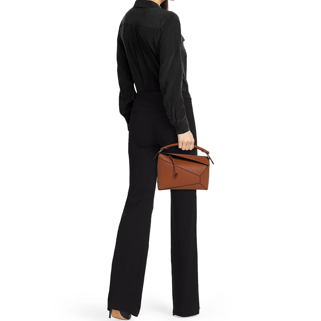 Compact Sculptural Tan Leather Bag with Silver Accents