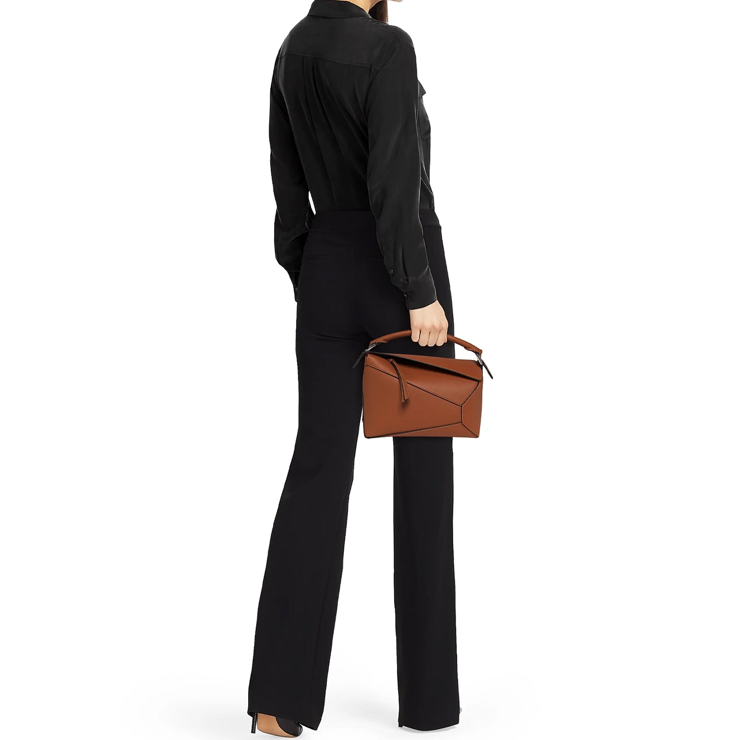 Compact Sculptural Tan Leather Bag with Silver Accents