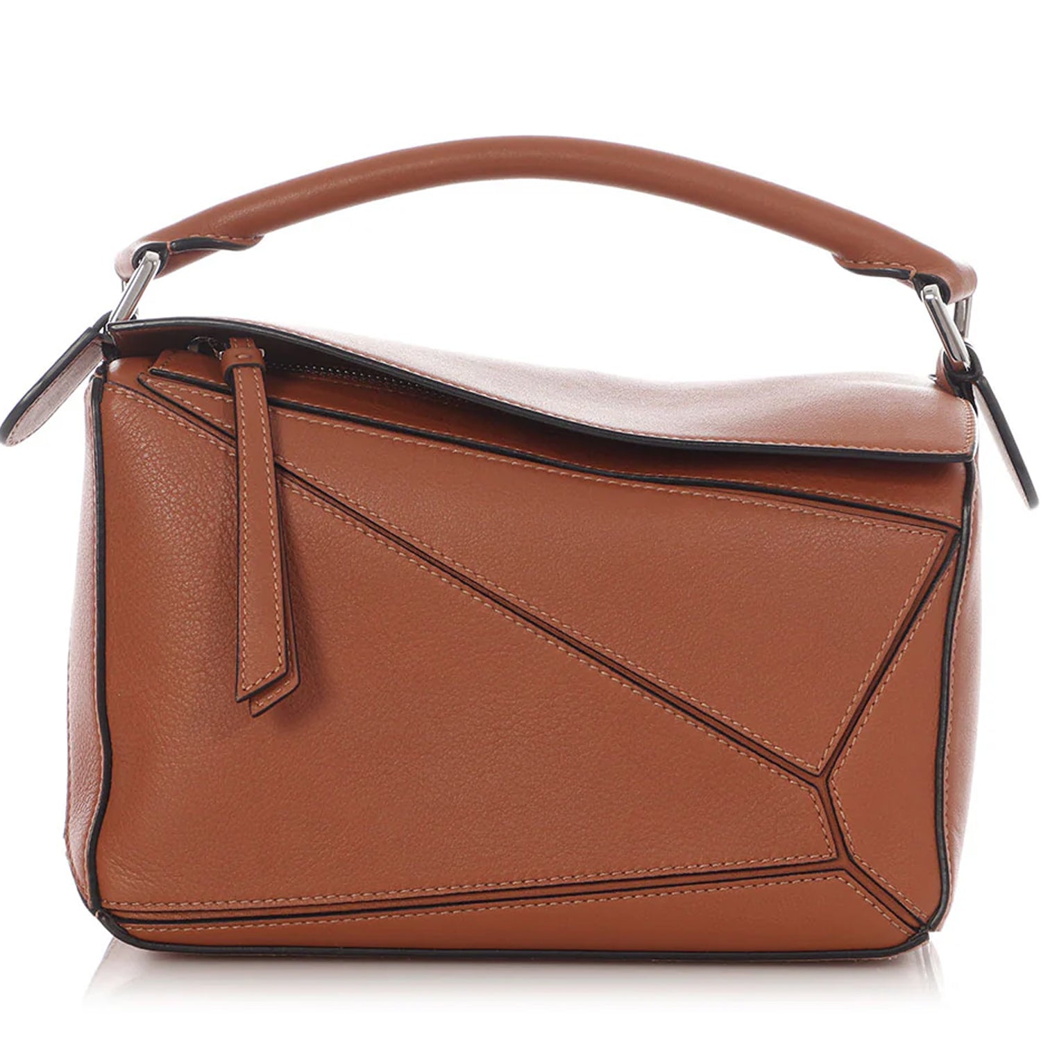 Tan Structured Leather Bag with Patchwork Panels and Silver Zip Flap