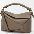 Taupe Small Geometric Leather Bag with Top Handle and Adjustable Strap