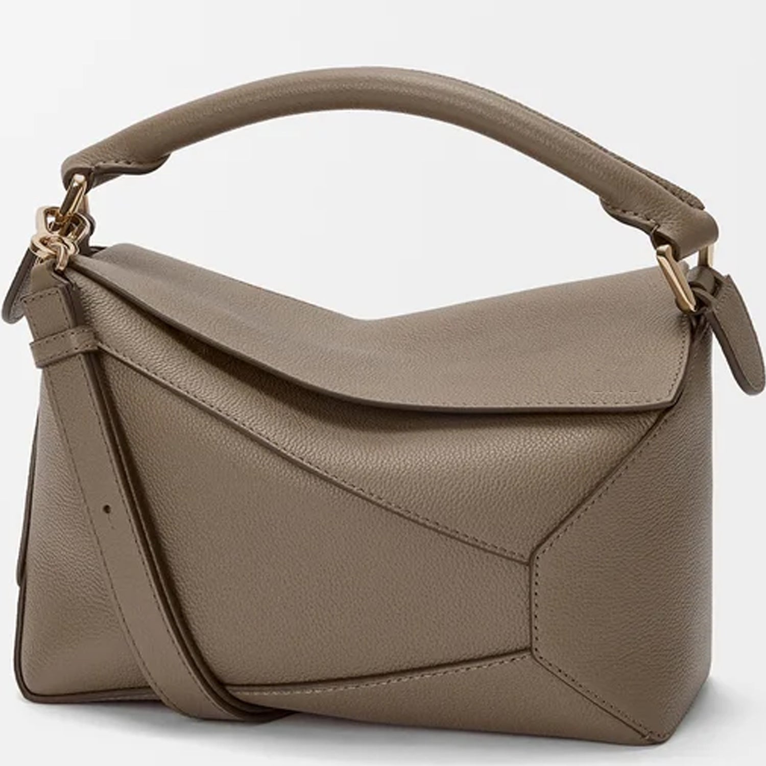 Taupe Small Geometric Leather Bag with Top Handle and Adjustable Strap