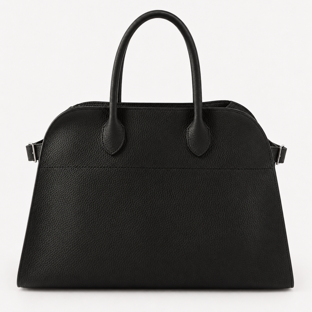 Belted 15 grained leather tote in black with silver hardware