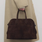 Belted 15 large suede leather tote in coffee brown — styled model view