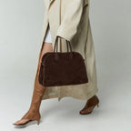 Belted 15 large suede leather tote in coffee brown — model shot