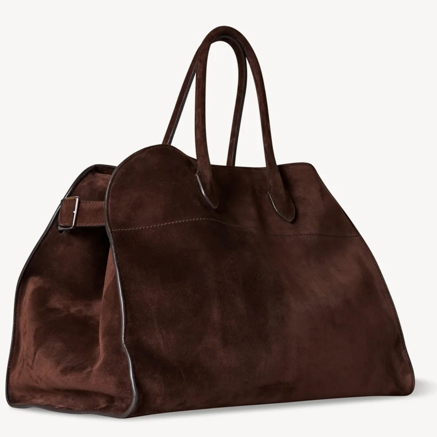 Margaux 15 style suede tote in Coffee Brown with signature belted sides.large Margaux 15 style suede tote in Coffee Brown with signature belted sides.