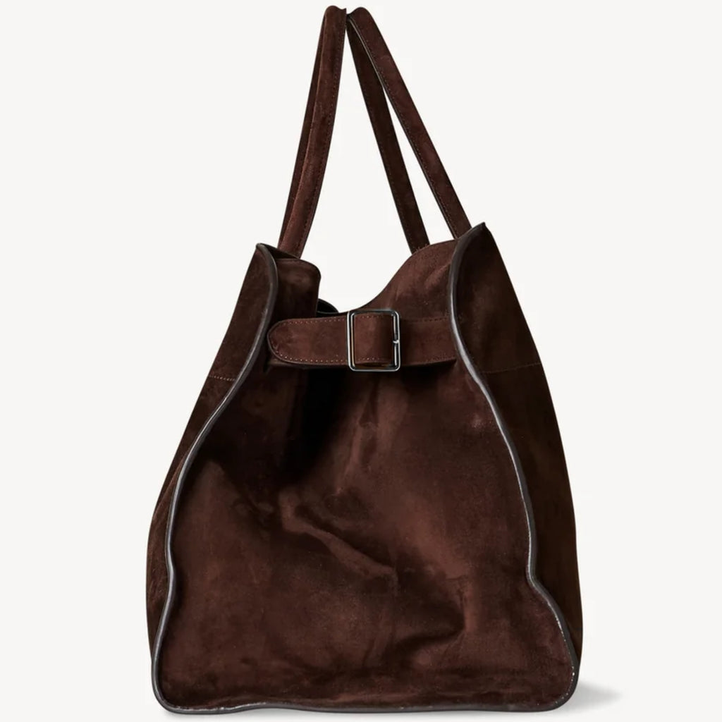 Margaux 15 style suede tote in Coffee Brown with signature belted sides.large Margaux 15 style suede tote in Coffee Brown with signature belted sides.