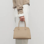 Belted 10 compact structured leather tote in taupe — front close-up
