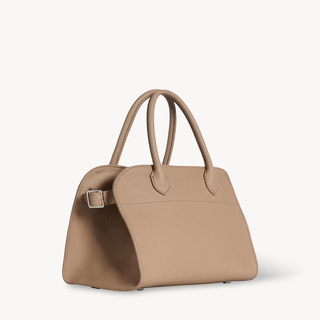 Taupe Margaux 10 style compact structured leather tote with belted sides.