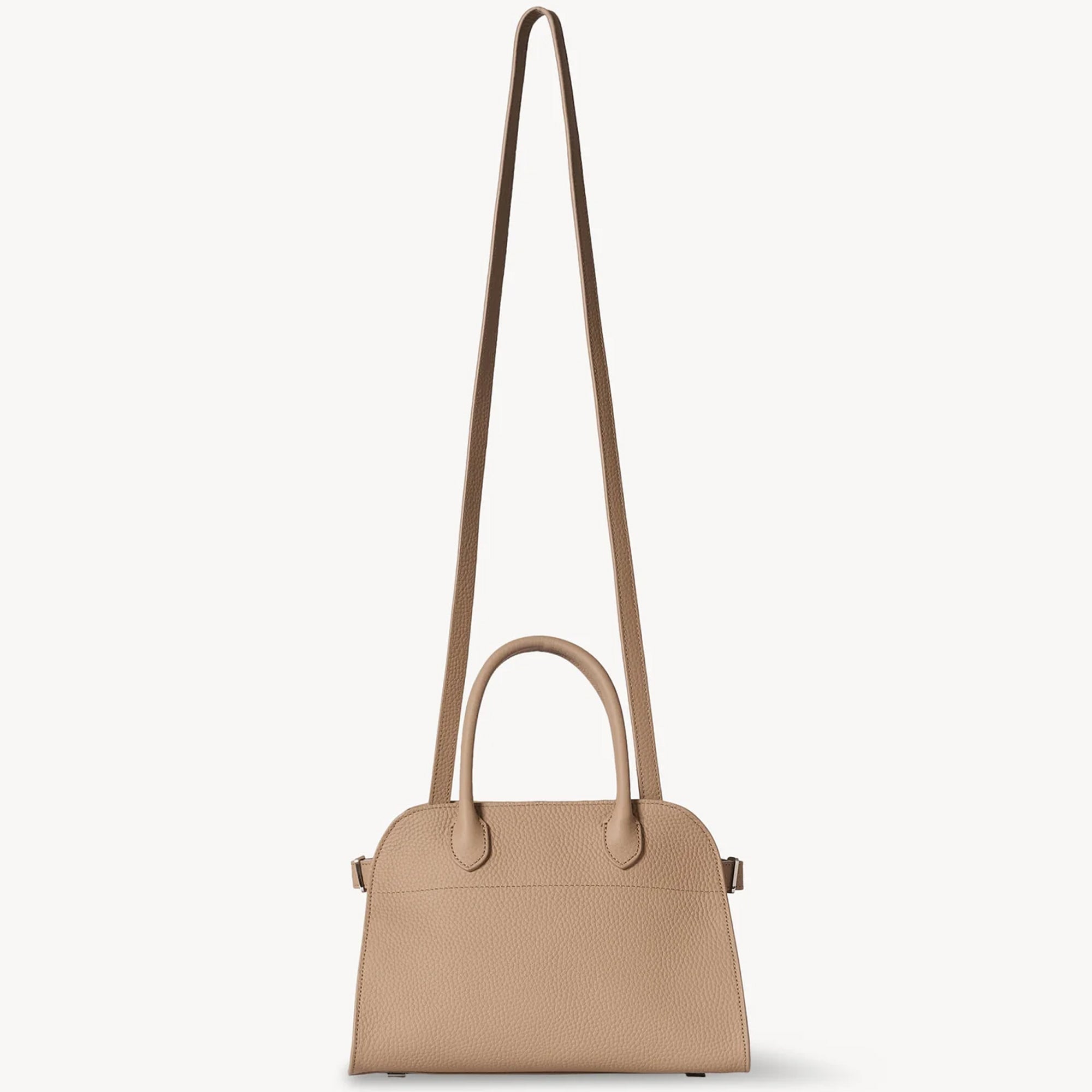 the Taupe Margaux 10 style compact structured leather tote with belted sides.