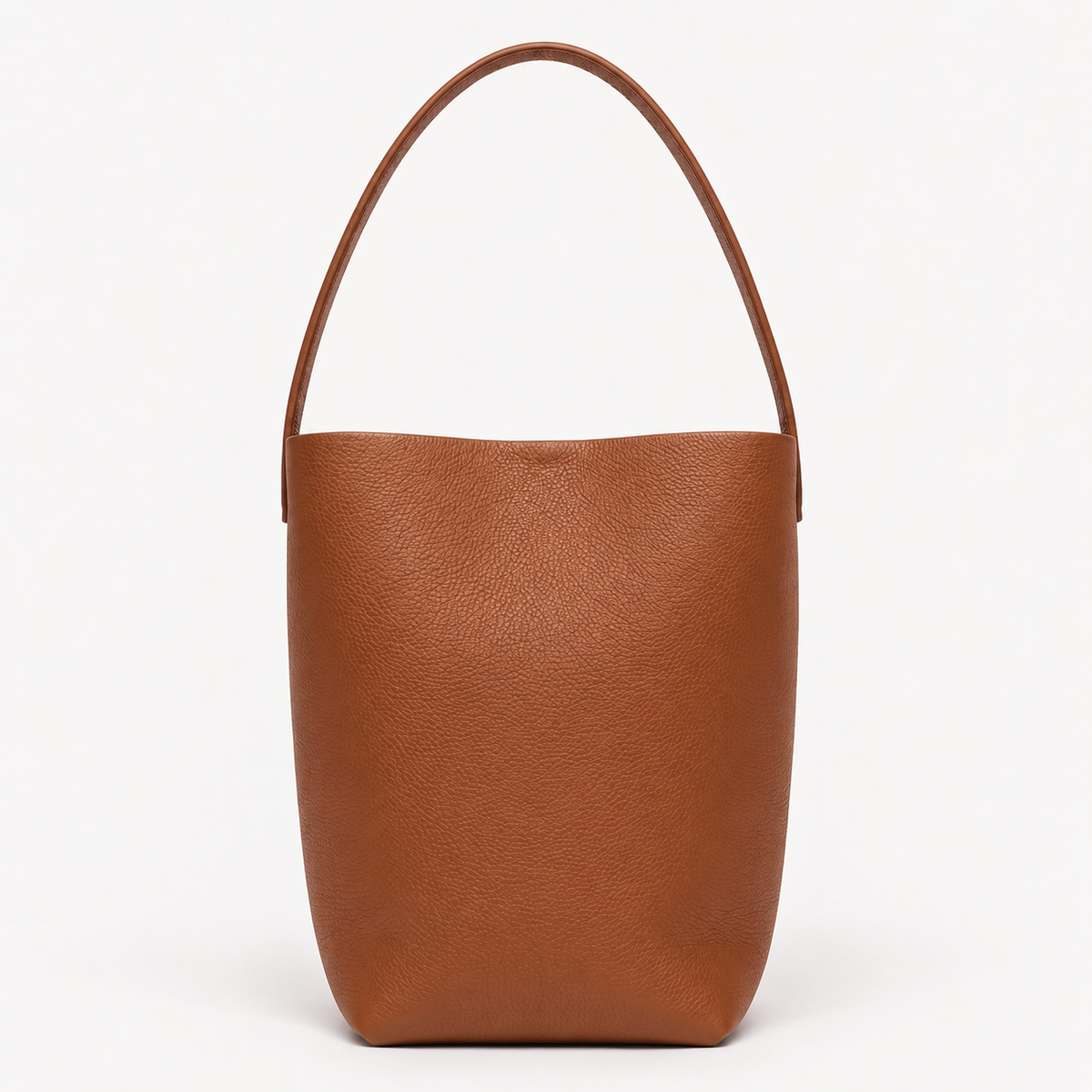 Vertical soft leather tote in camel brown — clean rectangular silhouette
