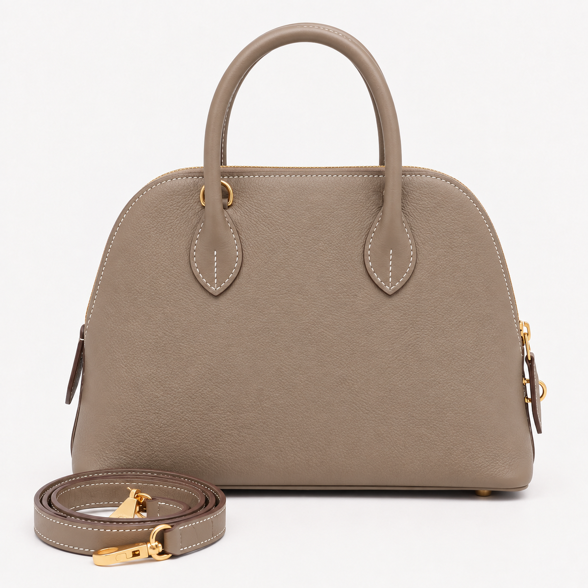 Khaki Grey Dome Purse – Chic Structured Design with Gold Detailing