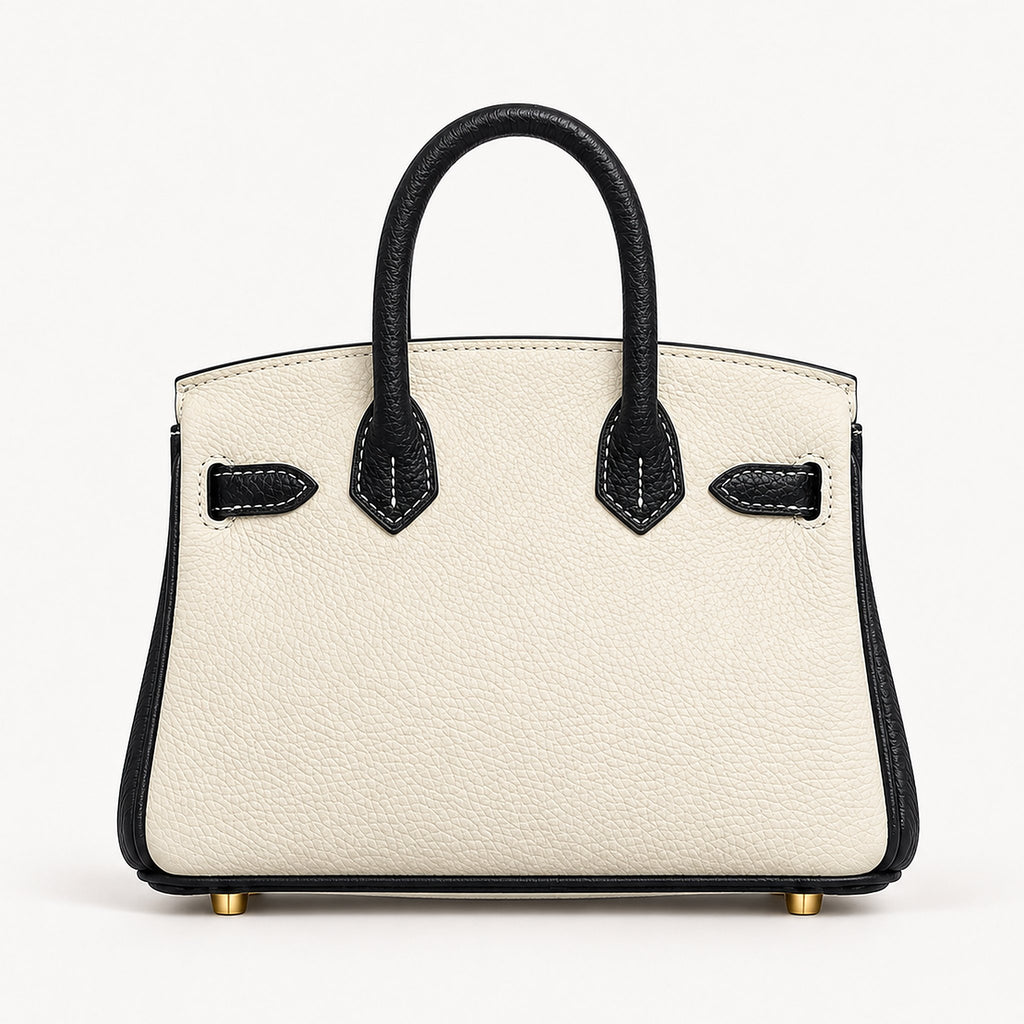 Classic Mini 20 togo leather tote in contrast black and white, back view