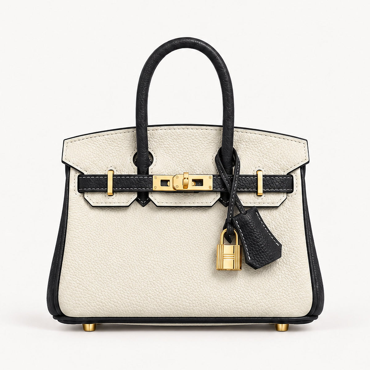 Classic Mini 20 togo leather tote in contrast black and white with gold hardware, front view