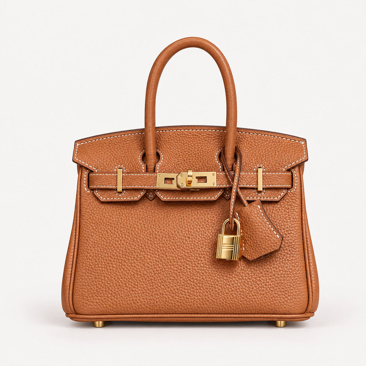 Classic Mini 20 togo leather tote in brown with gold hardware and white contrast stitching, front view