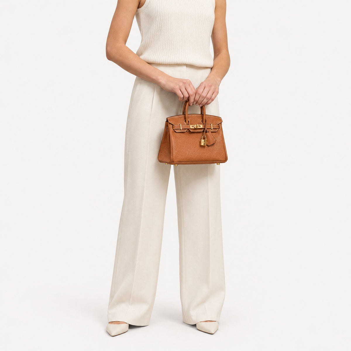 Classic Mini 20 togo leather tote in brown carried by hand, model shot
